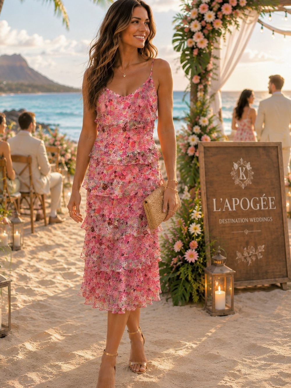 L’Pogee Worldover Floral Sequin Tiered Y2K Fairy Slip Dress Beaded OverlaySize M